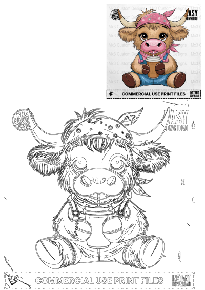 Cute Highland cow in a pink bandana and blue overalls, holding coffee. Ideal digital art for nursery decor and prints.