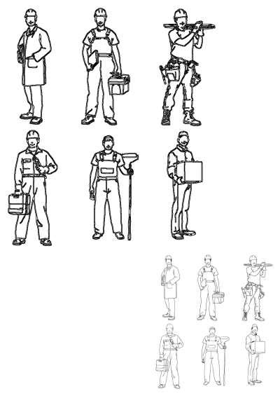 Vector outline illustrations of construction workers and tradesmen: builders, carpenters, plumbers, painters, and delivery staff with tools.