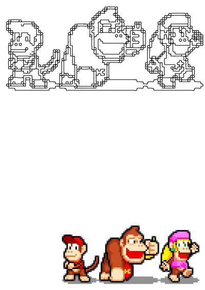 Donkey Kong pixel art characters including Diddy, Donkey, and Dixie Kong, presented as detailed outlines and vibrant sprites.
