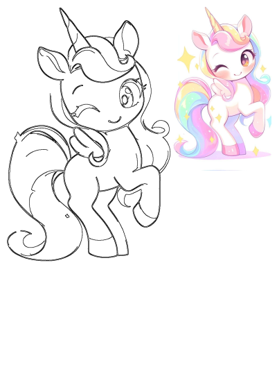 An adorable winking unicorn with a vibrant rainbow mane and horn, presented as a cheerful colorful illustration and a black line art outline.