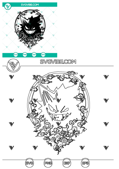Anime Character Logo Black And White Design featuring Gengar, a grinning Pokemon ghost, enclosed in a circular frame of swirling clouds.