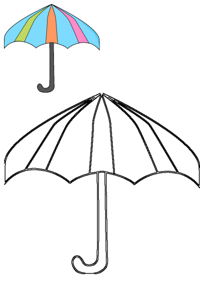 A vibrant multicolored striped open umbrella (blue, green, orange, pink) with an uncolored outline umbrella below, isolated on white.