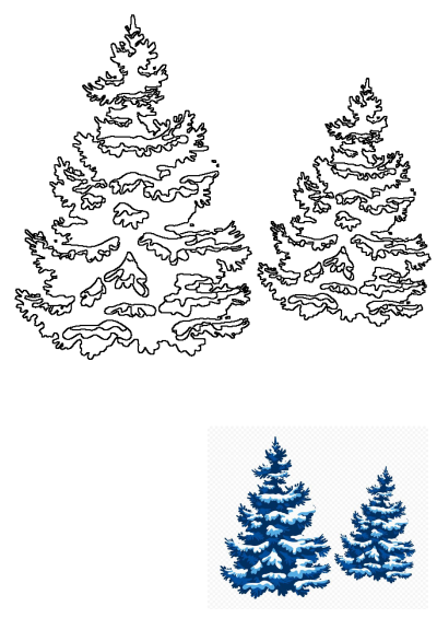 Two snowy evergreen trees, one in black outline and the other a blue and white illustration on a transparent background, perfect for winter designs.