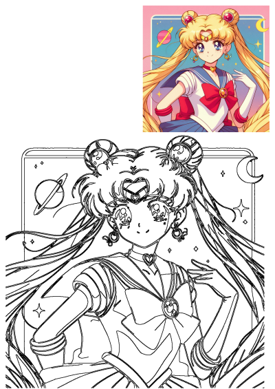 Sailor Moon anime character with blonde hair, blue eyes, and pink background illustration shown next to her black and white outline drawing.