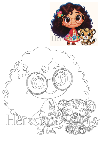 A cheerful cartoon girl with glasses and her leopard animal friend, shown in both vibrant color and a detailed outline.