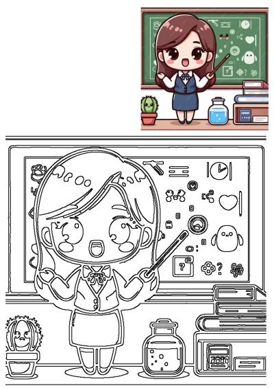 Adorable cartoon girl teacher, dressed smartly, pointing at a classroom blackboard with various learning icons, books, and a cactus.