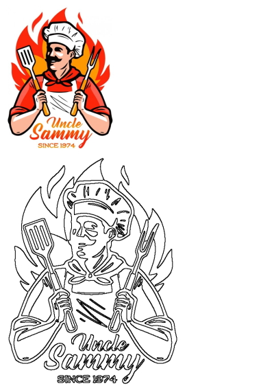 Uncle Sammy logo shows a chef man in apron, holding spatula & cooking utensils with fiery flames. Est. 1974.