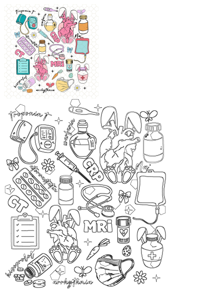 Colorful medical items in a circle arrangement for healthcare. Features stethoscope, pills, MRI, CT, blood pressure monitor, and a cute heart.