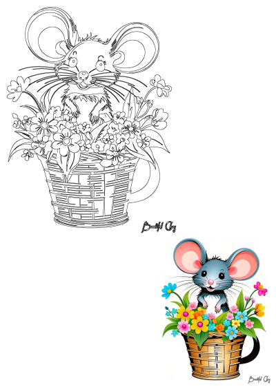 A cheerful cartoon mouse peeks from a flower basket filled with vibrant blossoms, smiling brightly. Includes an outline art version.