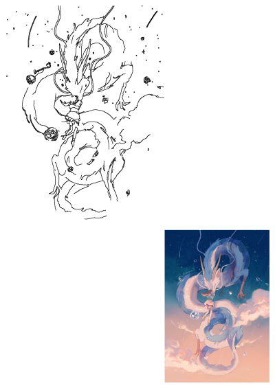 Chihiro rides the majestic white dragon Haku through a magical, cloud-filled sky with stars and bubbles in this enchanting Spirited Away artwork.