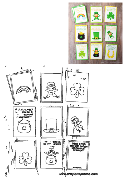 St. Patrick's Day joke cards for kids, featuring festive leprechauns, shamrocks, rainbows, and pots of gold with printable outlines.