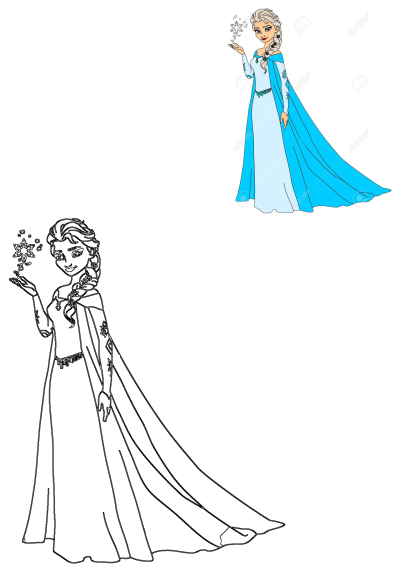 A cartoon illustration of Frozen Elsa in her blue dress with snowflakes, featuring a vibrant colored image and a detailed line art.