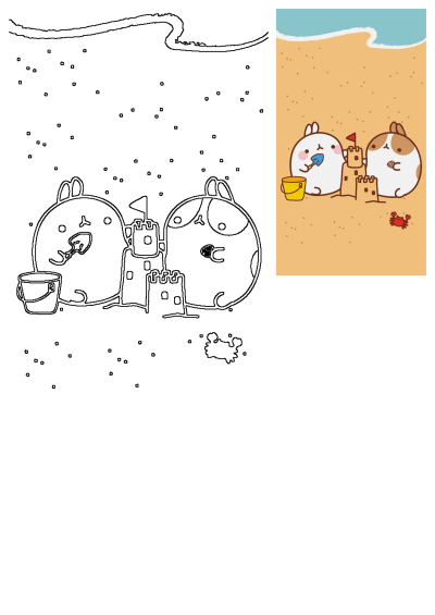 Cute cartoon animals building a sandcastle on a sunny beach with a yellow bucket and a red crab by the blue ocean.