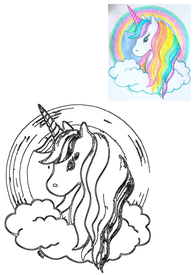 Magical unicorn head with rainbow mane and horn, surrounded by a vibrant rainbow arc and clouds. Includes a black outline drawing.
