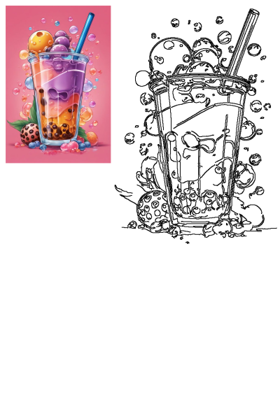 Vibrant cartoon bubble tea illustration featuring layered purple and orange liquids, tapioca, and fruit toppings, on a pink background.