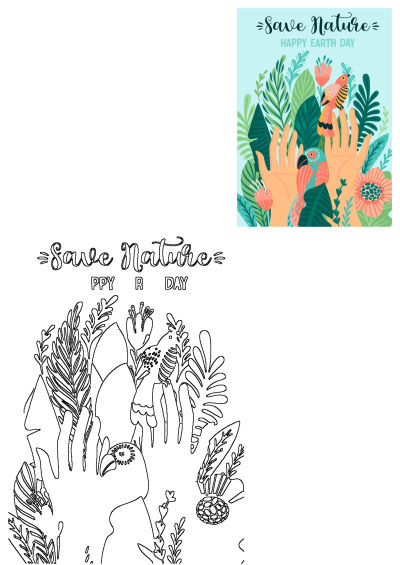 A vibrant 'Save Nature Happy Earth Day' illustration with hands, diverse plants, colorful birds, and flowers, alongside a line art version.