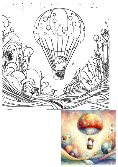 Whimsical watercolor painting: a cute mushroom character floats in a hot air balloon over a dreamy, imaginative landscape.