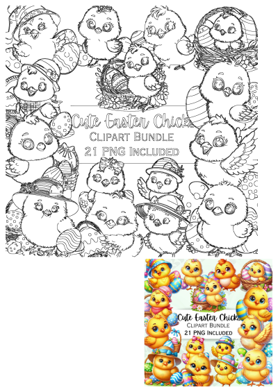 Cute Easter chicks clipart bundle for baby wall art featuring adorable fluffy chicks with hats, bows, and decorative eggs.