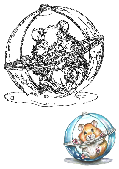 Outline drawing and colored watercolor illustration of a cute hamster inside a clear glass ball, isolated on white.