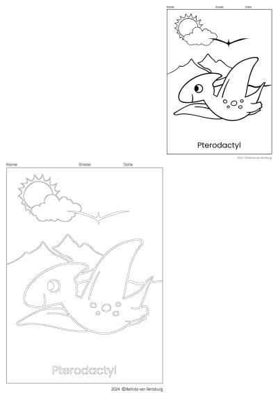 A friendly cartoon pterodactyl dinosaur flying over mountains with sun and cloud. Perfect printable for kids.