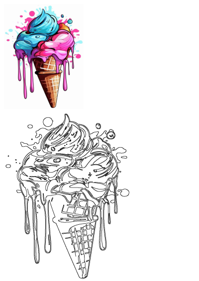 A vibrant illustration of a blue and pink three-scoop ice cream cone, dripping with colorful melted ice cream. Includes a detailed outline drawing for coloring.