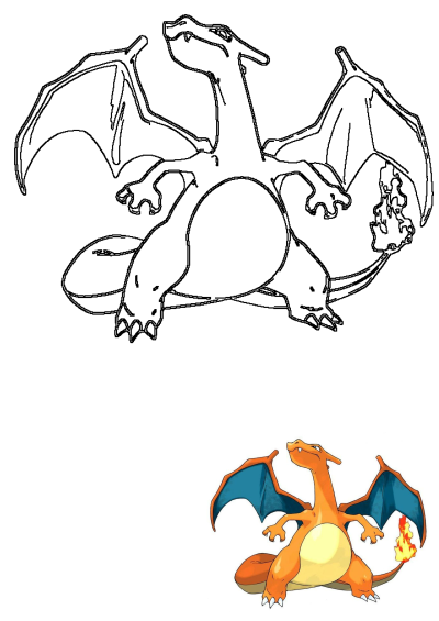A vibrant orange Charizard Pokemon with blue wings and a fiery tail, depicted as a powerful dragon, also featuring its black outline.