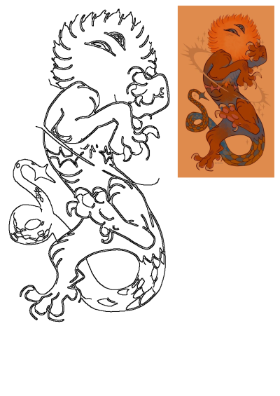 A fantasy creature with vibrant orange hair and blue scales, featuring three eyes, displayed next to its original line art drawing.