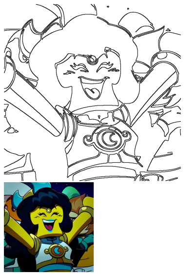 Outline drawing of Monkie Kid's Princess Iron Fan laughing joyfully with arms raised, celebrating an event.