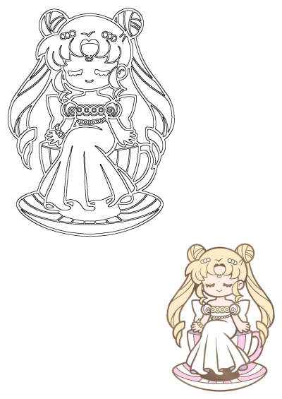 Katie Shark's Sailor Moon teacup Kickstarter pin design: Usagi in a white dress sitting in a pink striped teacup.