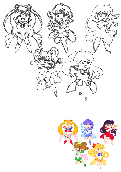 Sailor Moon cartoon girls fanart featuring chibi characters in various outfits, depicted as both outlines and colorful illustrations.