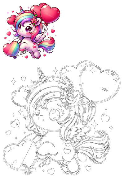 Chibi unicorn with vibrant rainbow mane, tail, and horn, holding shiny red and rainbow heart balloons. Features an outline version too.