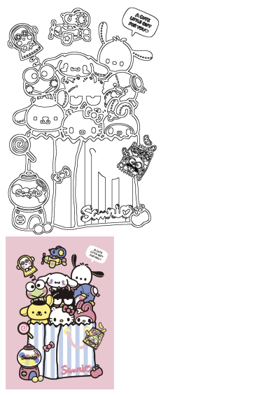 Sanrio characters including Hello Kitty, Cinnamoroll, and Pompompurin pop from a striped gift bag with candy, offering a cute little gift.