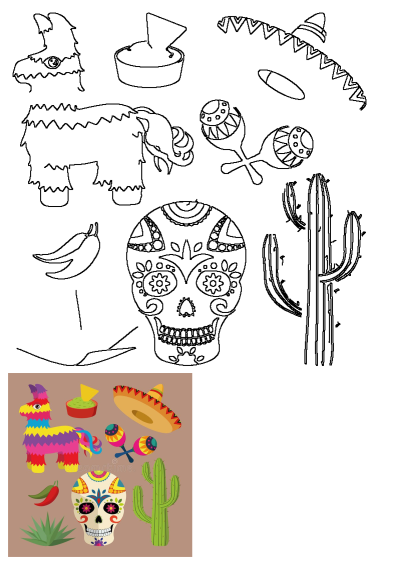 A collection of Mexican icons with colorful illustrations of a sombrero, sugar skull, agave, cactus, pinata, and maracas, alongside their outline versions.
