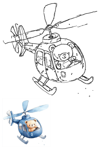 A charming watercolor drawing featuring a cute teddy bear piloting a vibrant blue helicopter, perfect for nursery decor.