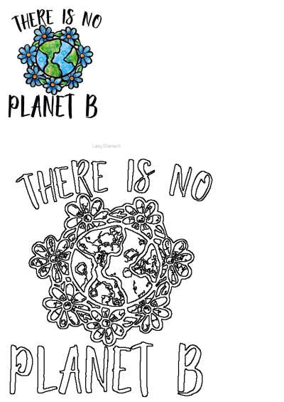 A vibrant watercolor illustration of Planet Earth encircled by blue flowers with 'THERE IS NO PLANET B' message, alongside a black and white outline version for Earth Day.