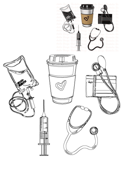 Set of medical illustrations featuring a stethoscope, blood pressure cuff, syringe, blood bag, and a coffee cup.