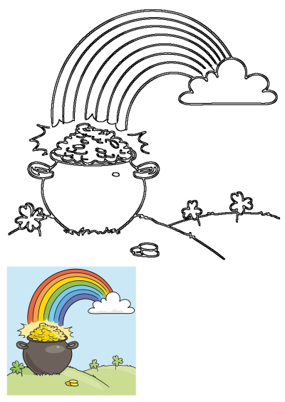 St. Patrick's Day image: a rainbow arches to a pot of gold coins on a grassy hill with shamrocks, presented in outline and color.