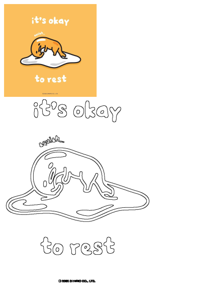 Gudetama, the lazy egg, rests on an egg white with 'it's okay to rest' text on an orange background. A motivational Sanrio poster.